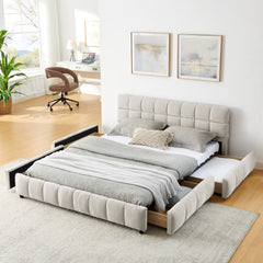 Queen Size Upholstered Bed ,comfortable upholstered bed frame, Chenille fabric, with headboard and solid bed frame. With drawer for storage.-Beige(88.5''*68.5''*31'')