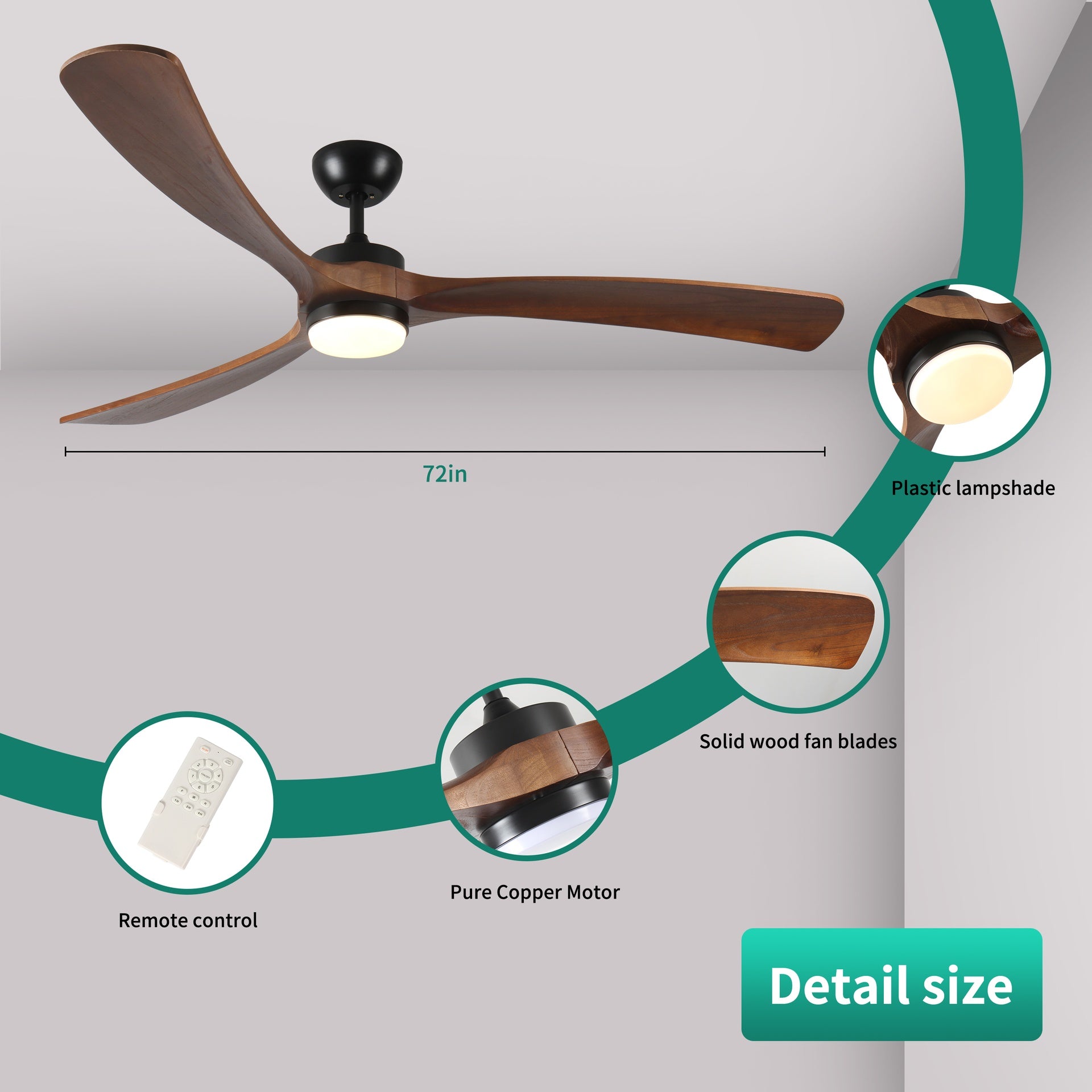 72 Inch Solid Wood Ceiling Fan with Lights and Remote Control Indoor Outdoor Ceiling Fan 3 Wooden Blades Modern Ceiling Fan for Porch Living Room Bedroom