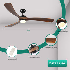 72 Inch Solid Wood Ceiling Fan with Lights and Remote Control Indoor Outdoor Ceiling Fan 3 Wooden Blades Modern Ceiling Fan for Porch Living Room Bedroom