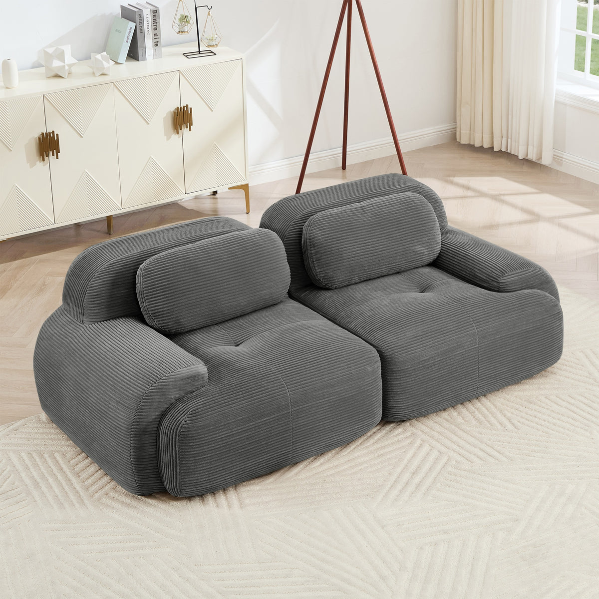 82'' loveseat sofa in luxuryCorduroy Fabric modular for free combo separation curved armrests,anti-slip design high-resilience sponge fits living rooms bedrooms Audiovisual Room,Grey