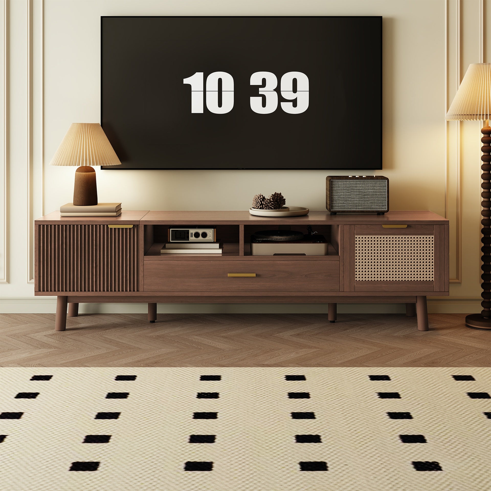 Wood Fashionable TV Stand for 75" TVs, TV Cabinet with Soft-Closing Door and Drop-Down Door Cabinet, Modern TV Consoles for Living Room, Bedroom