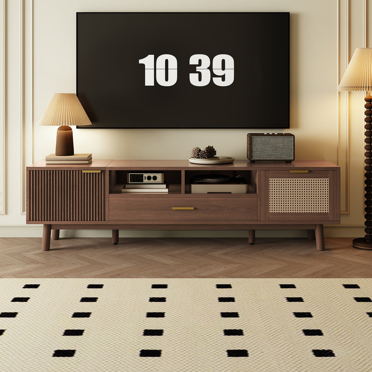 Wood Fashionable TV Stand for 75" TVs, TV Cabinet with Soft-Closing Door and Drop-Down Door Cabinet, Modern TV Consoles for Living Room, Bedroom