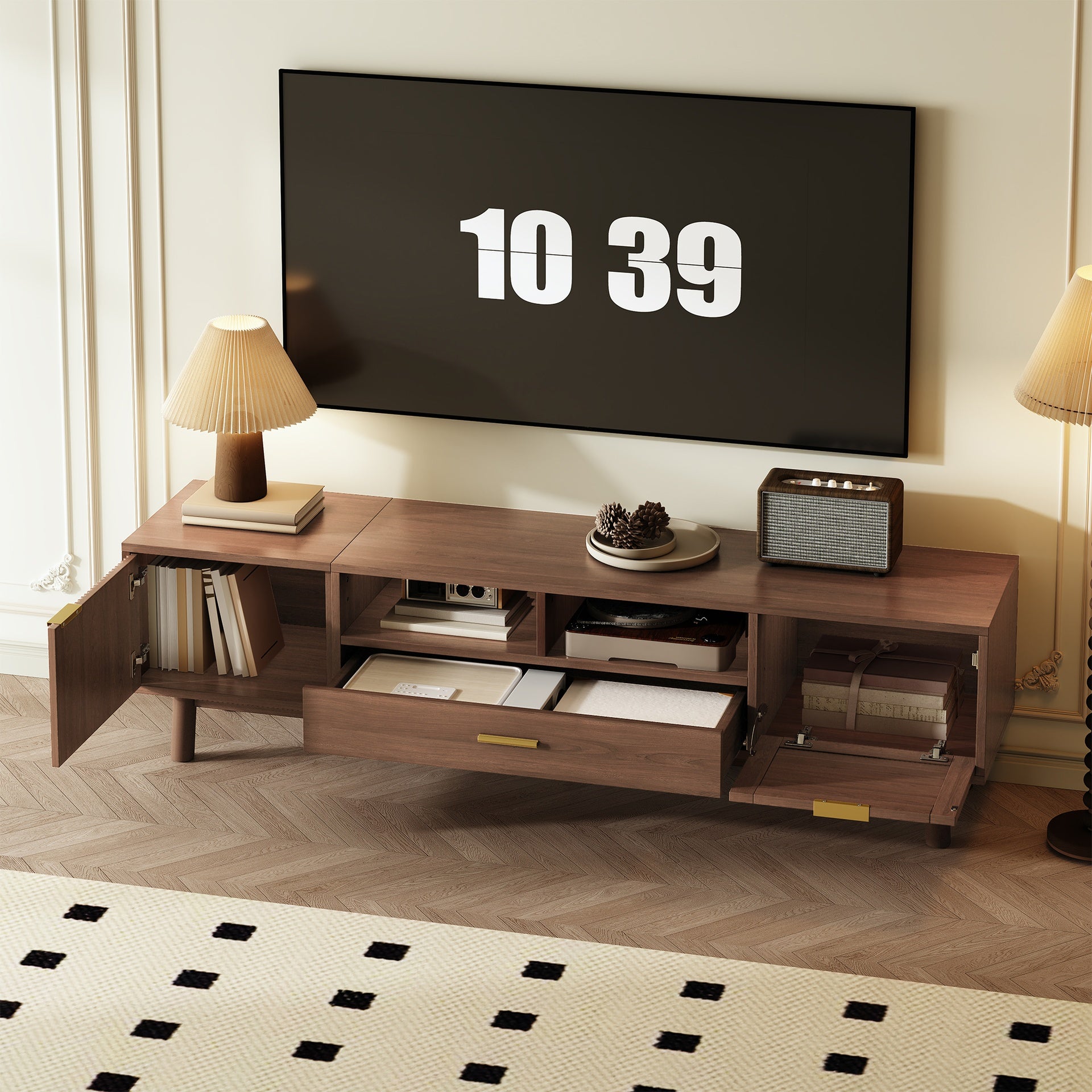 Wood Fashionable TV Stand for 75" TVs, TV Cabinet with Soft-Closing Door and Drop-Down Door Cabinet, Modern TV Consoles for Living Room, Bedroom