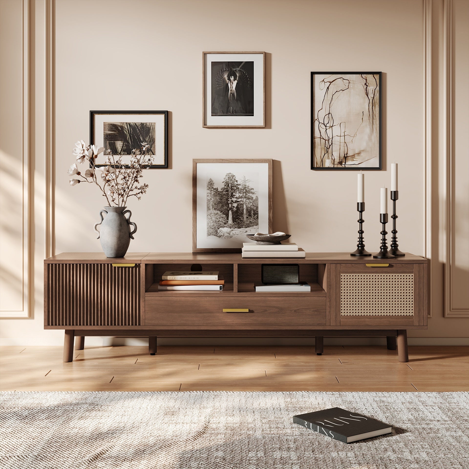 Wood Fashionable TV Stand for 75" TVs, TV Cabinet with Soft-Closing Door and Drop-Down Door Cabinet, Modern TV Consoles for Living Room, Bedroom