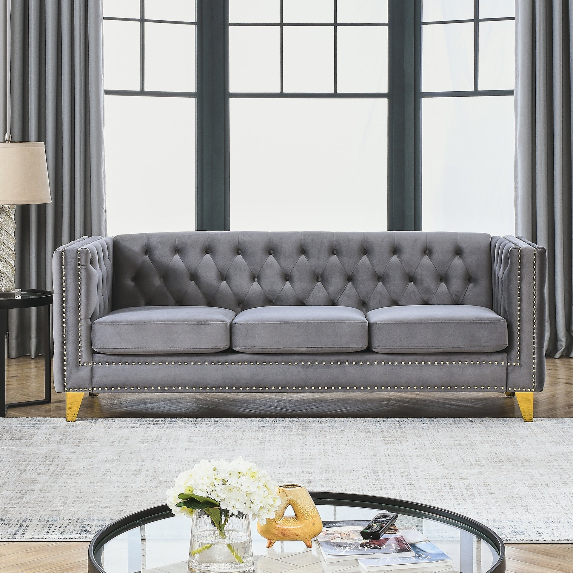 Velvet Sofa for Living Room,Buttons Tufted Square Arm Couch, Modern Couch Upholstered Button and Metal Legs, Sofa Couch for Bedroom, Grey Velvet(W834S00020)
