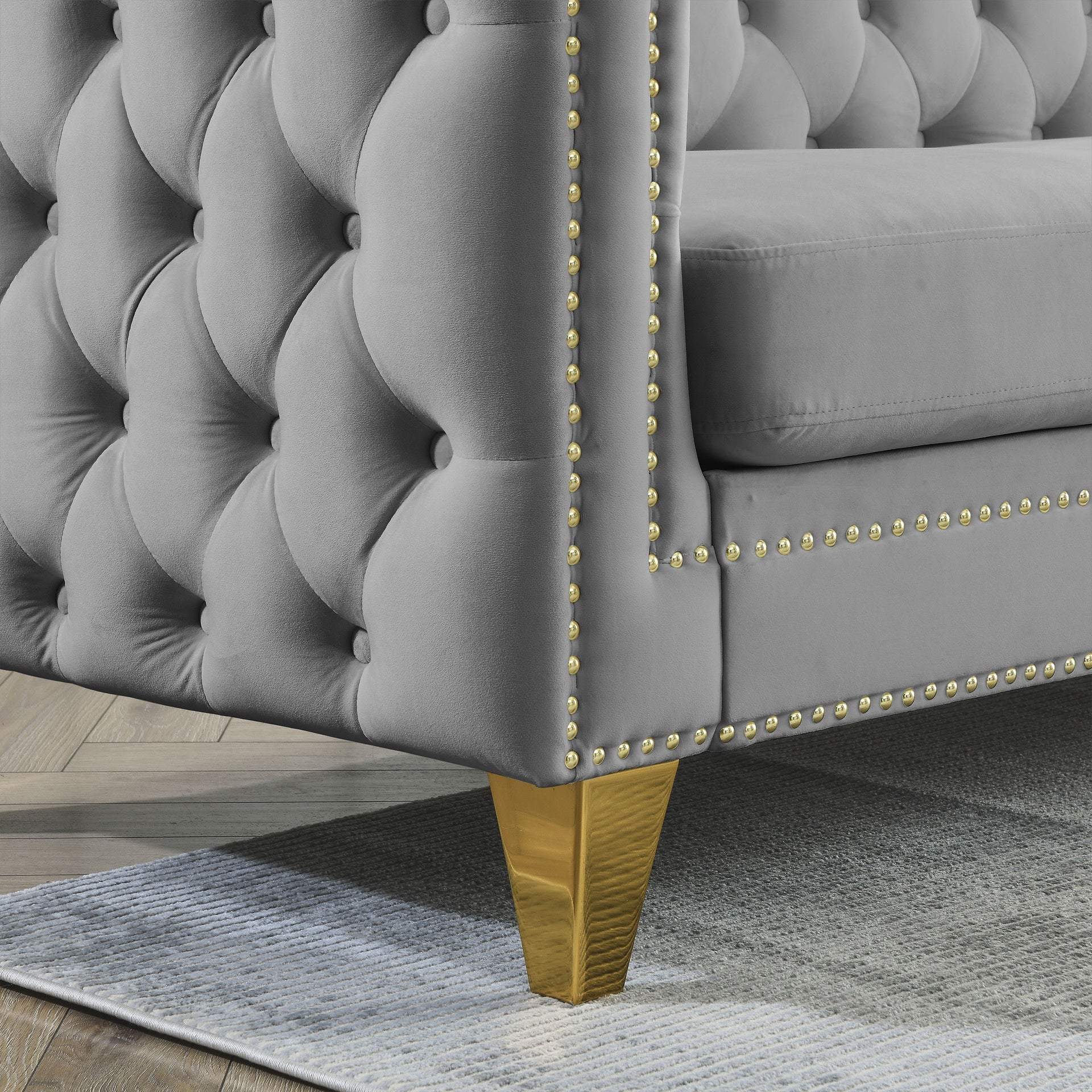 Velvet Sofa for Living Room,Buttons Tufted Square Arm Couch, Modern Couch Upholstered Button and Metal Legs, Sofa Couch for Bedroom, Grey Velvet(W834S00020)