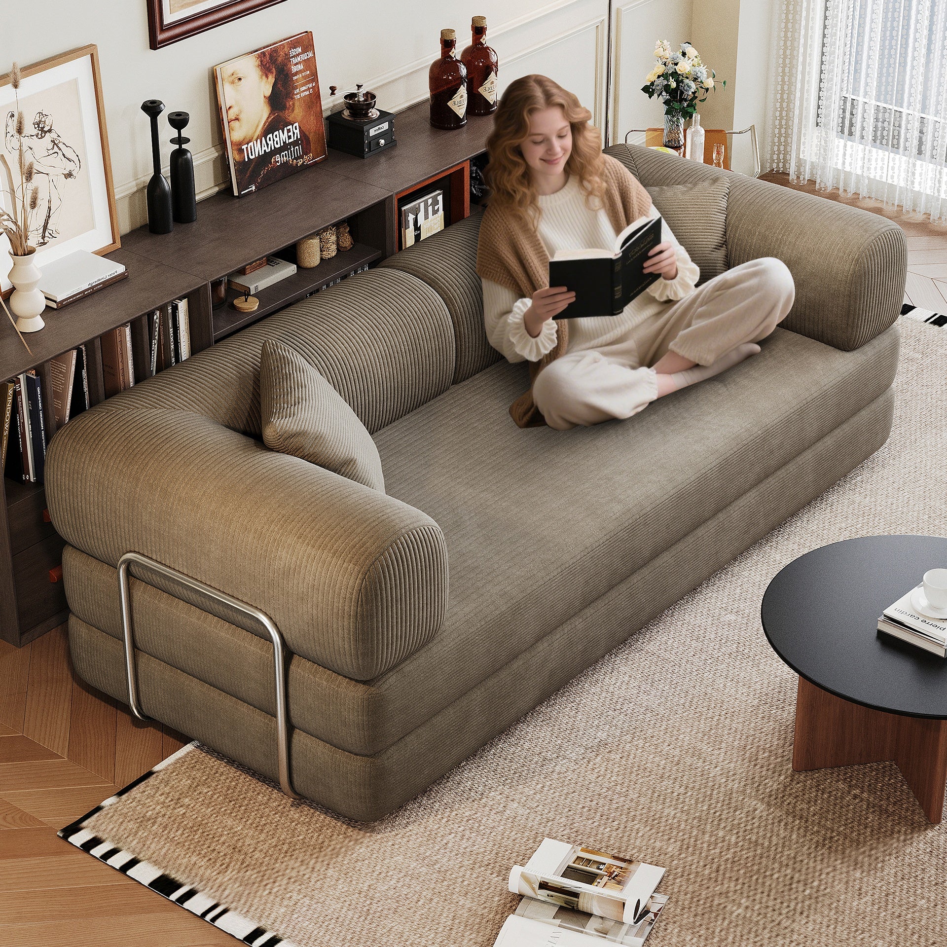 78.8" Compression Sofa,Convertible Floor Sofa Bed-with Pillow Back Support Armrest,Comfy Futon Couch Sleeper Bed,Loveseats Boneless Modular Sectional Sofa,Corduroy fabric,for Living Room,Bedroom,Camel