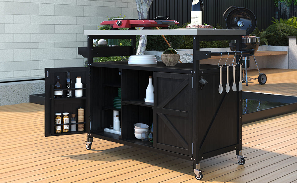 K&K Outdoor Kitchen Island, Rolling Bar Cart & Storage Cabinet, Farmhouse Solid Wood Outdoor Grill Table with Stainless Steel Top, Spice Rack , Towel Rack for Kitchen & Barbecue, Black