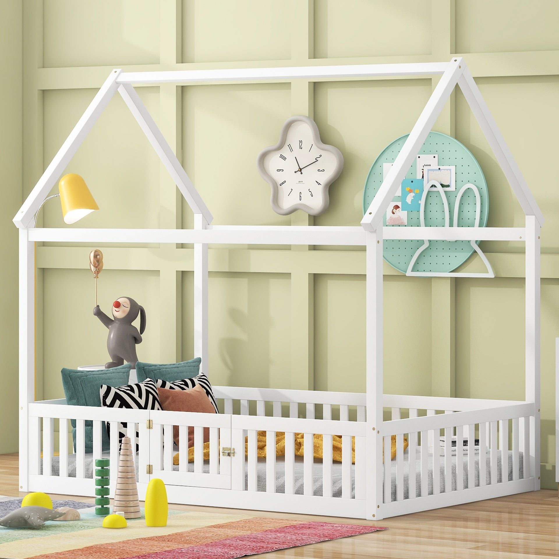 Full Size Wood House Bed with Fence and Door, White