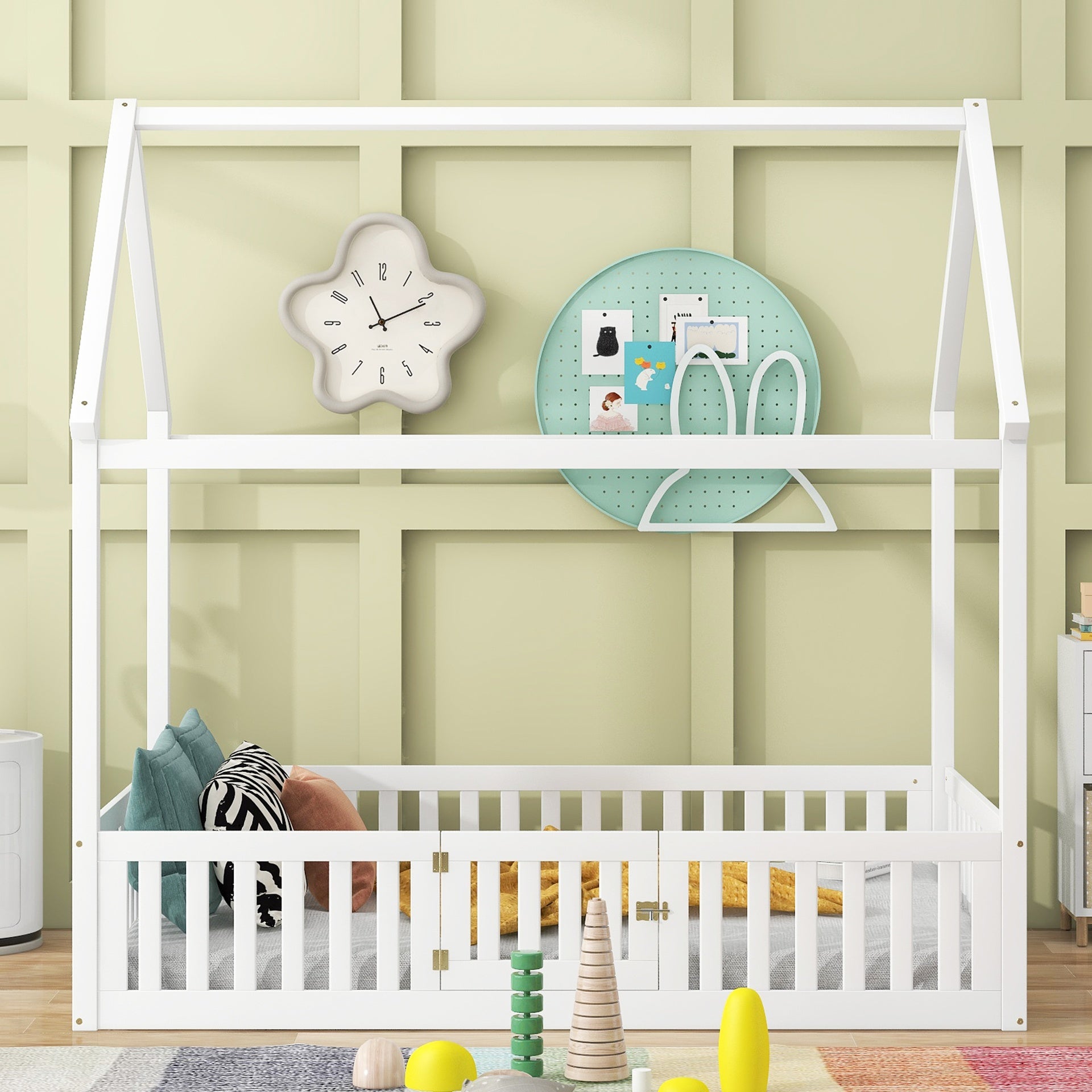Full Size Wood House Bed with Fence and Door, White