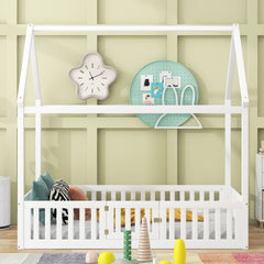 Full Size Wood House Bed with Fence and Door, White