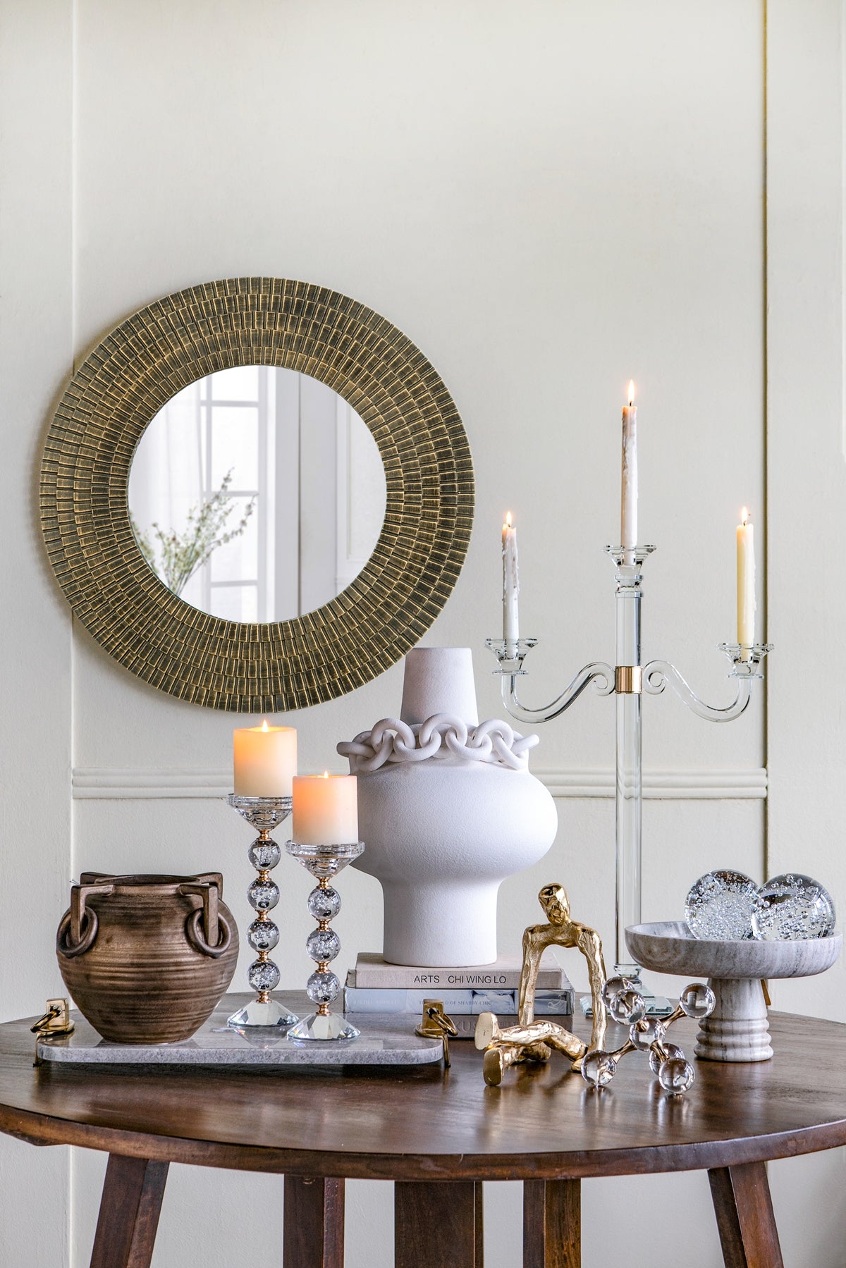 D29.5" Round Gold And Black Wooden Accent Mirror With Woven Texture