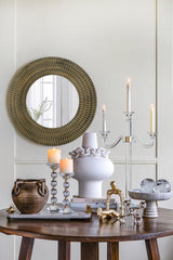 D29.5" Round Gold And Black Wooden Accent Mirror With Woven Texture
