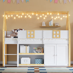 Twin-size low loft bed with Step Staircase, Shelving, Cabinets and LED lights, White and Natural