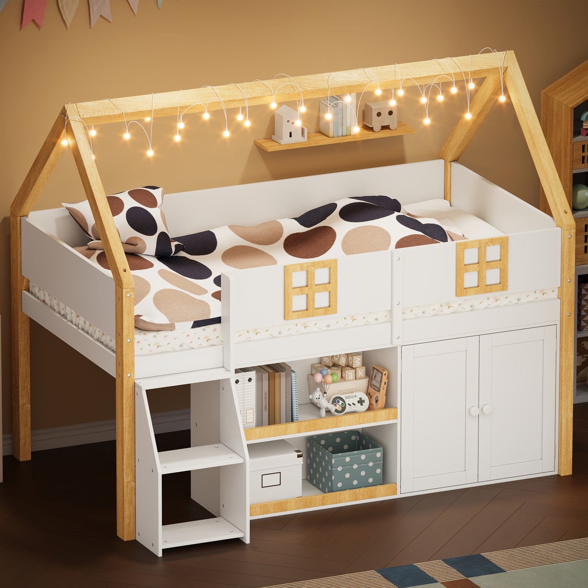 Twin-size low loft bed with Step Staircase, Shelving, Cabinets and LED lights, White and Natural