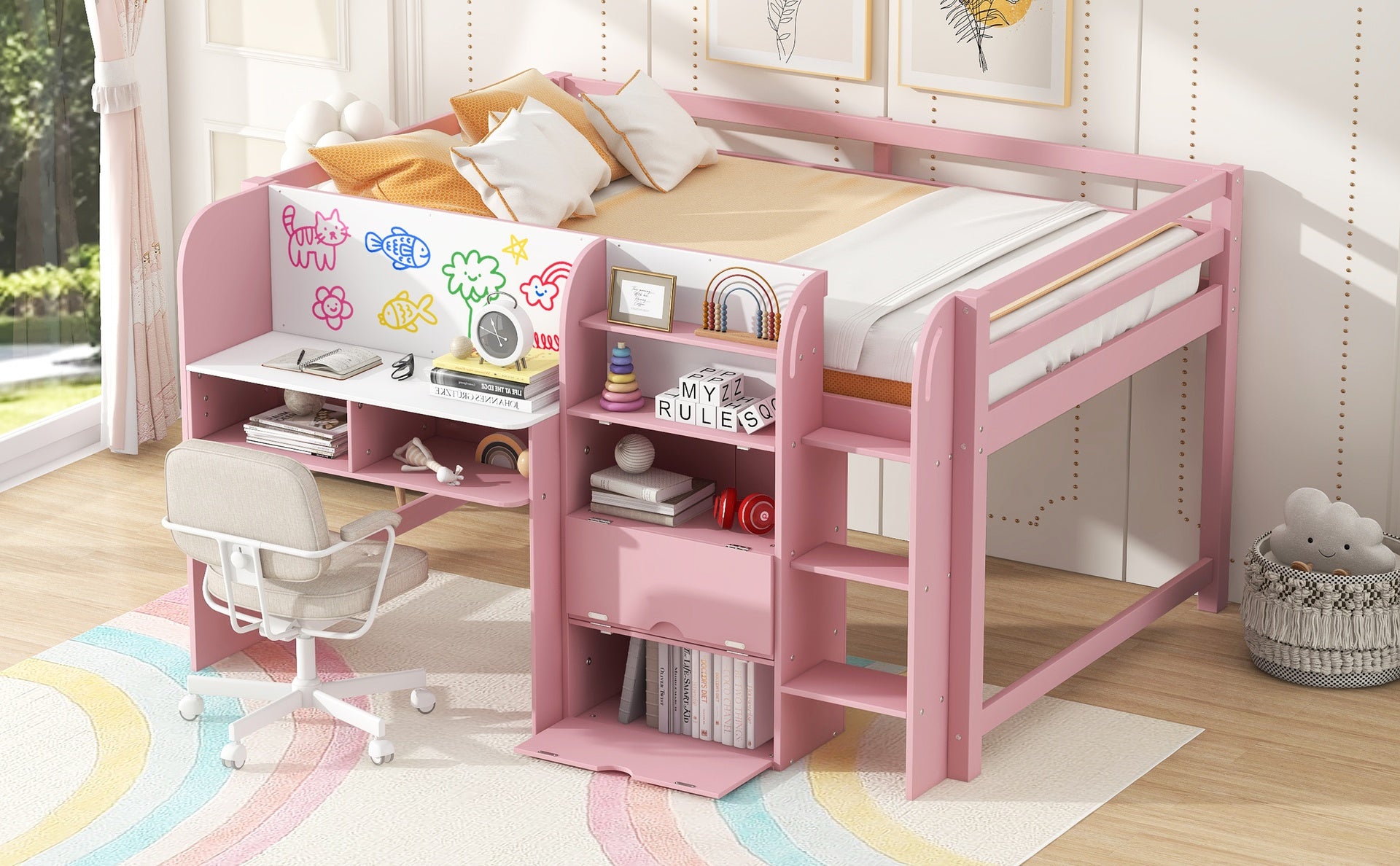 Full Size Low Loft Bed with Built-in Desk,Storage Cabinets and Open Bookcase,Whiteboard for Graffiti,Pink