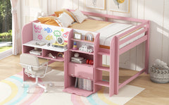 Full Size Low Loft Bed with Built-in Desk,Storage Cabinets and Open Bookcase,Whiteboard for Graffiti,Pink