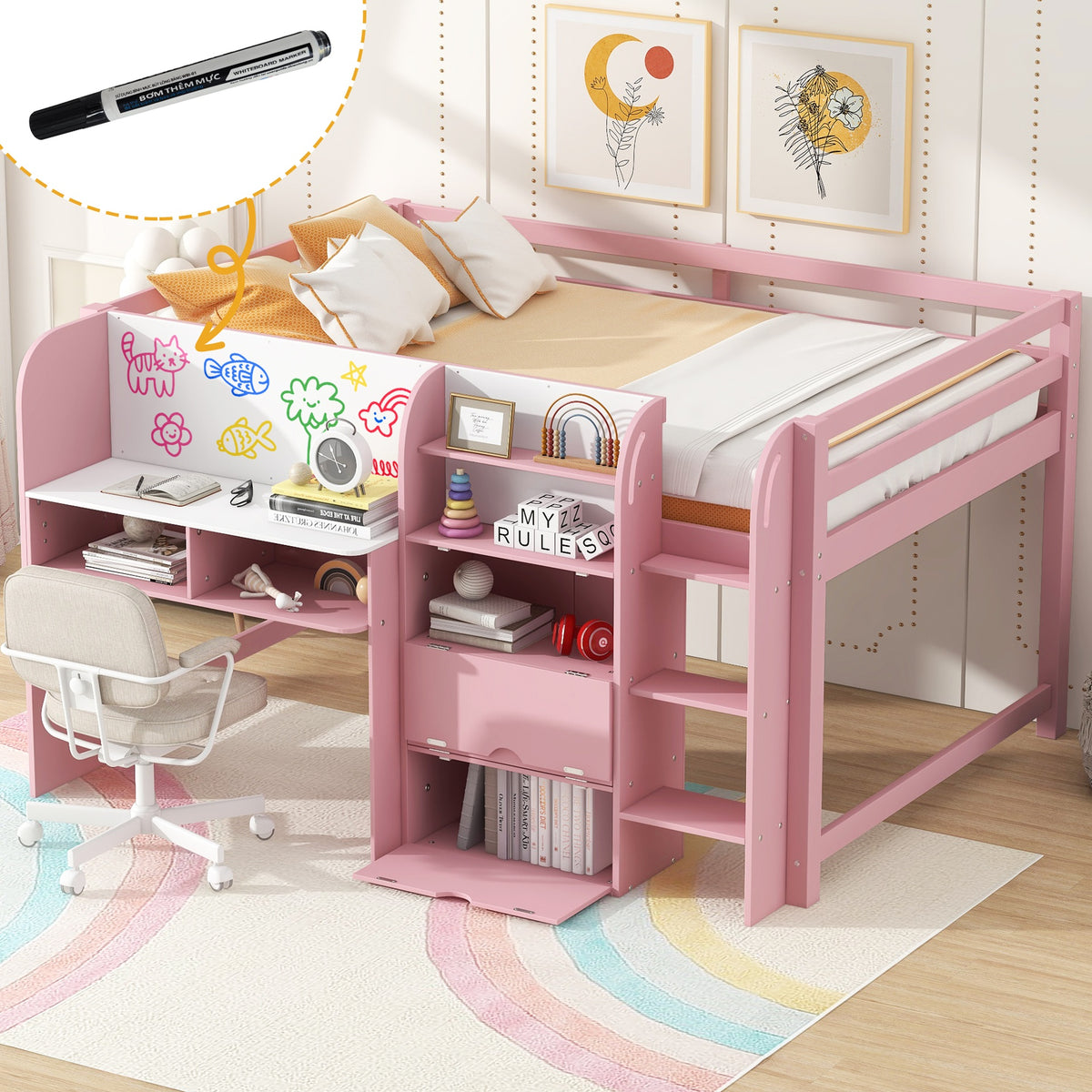 Full Size Low Loft Bed with Built-in Desk,Storage Cabinets and Open Bookcase,Whiteboard for Graffiti,Pink