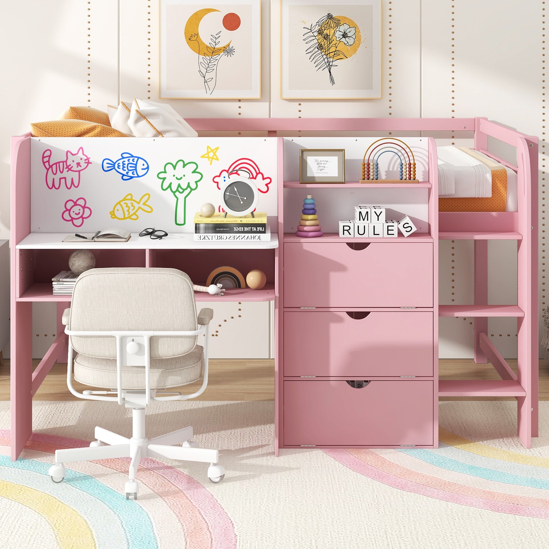 Full Size Low Loft Bed with Built-in Desk,Storage Cabinets and Open Bookcase,Whiteboard for Graffiti,Pink