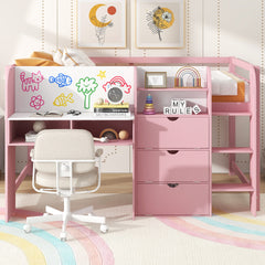 Full Size Low Loft Bed with Built-in Desk,Storage Cabinets and Open Bookcase,Whiteboard for Graffiti,Pink