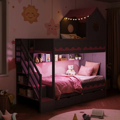 Twin Over Twin with  House and Drawer,Staircase, LED,Gray