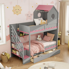 Twin Over Twin with  House and Drawer,Staircase, LED,Gray