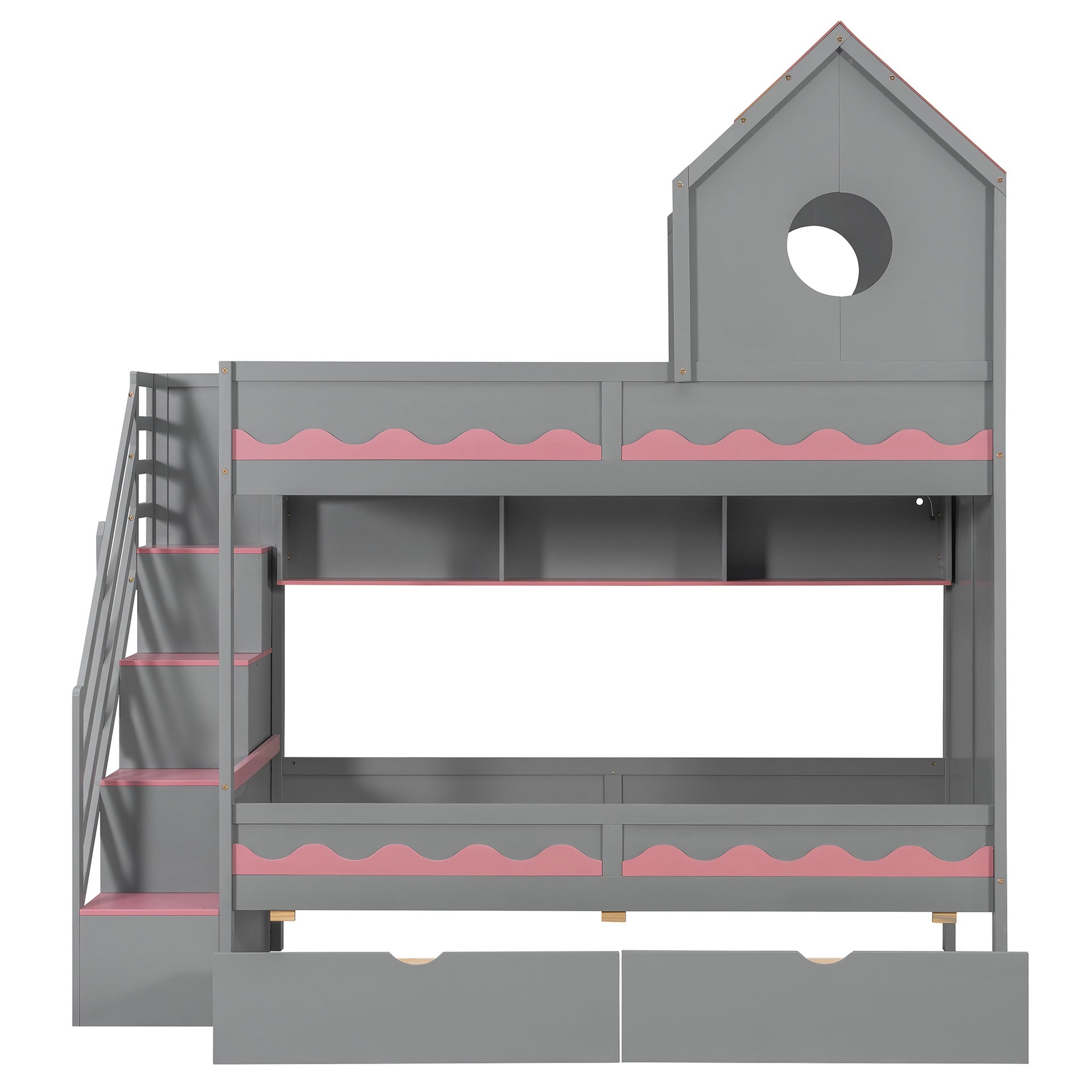 Twin Over Twin with  House and Drawer,Staircase, LED,Gray