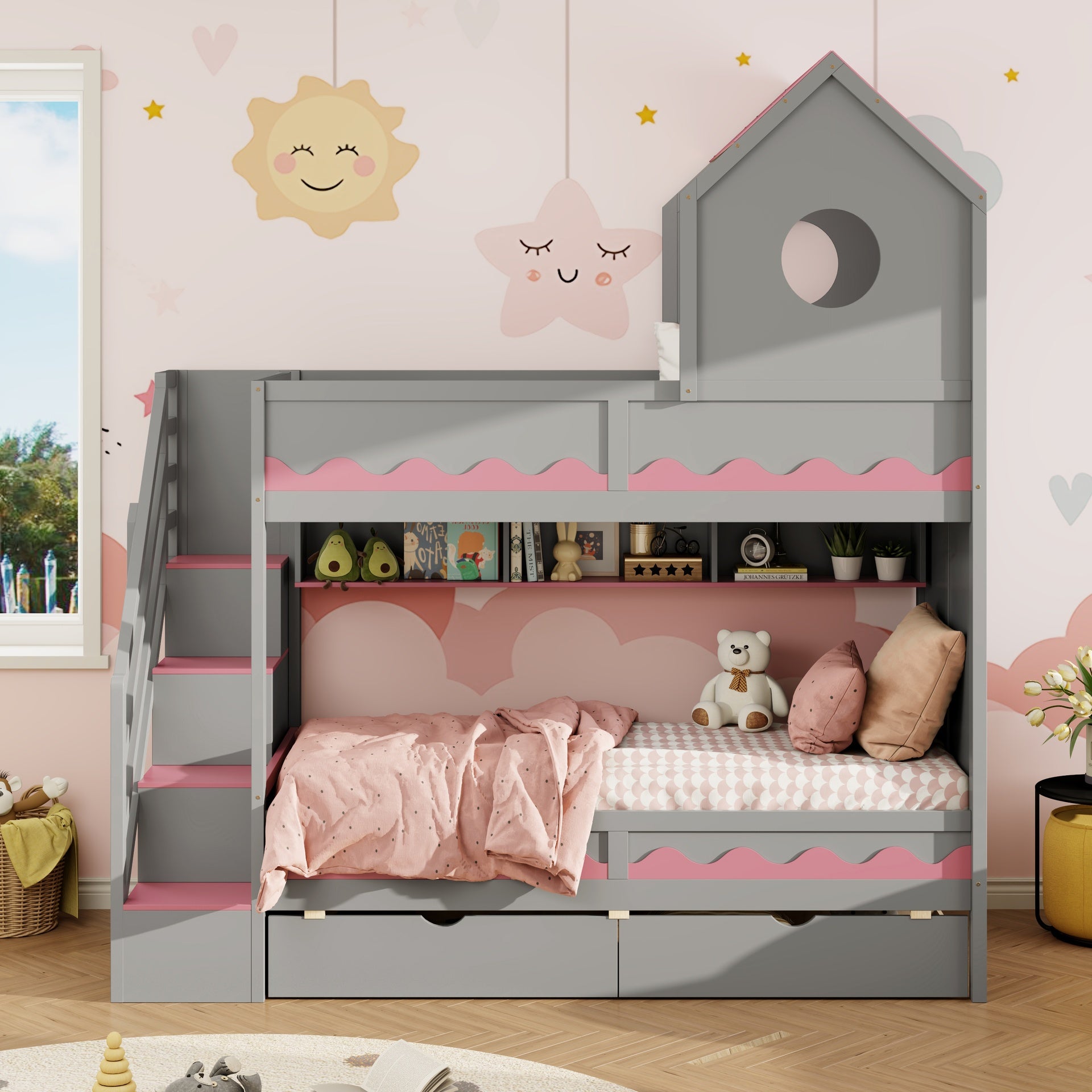 Twin Over Twin with  House and Drawer,Staircase, LED,Gray
