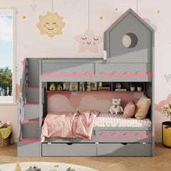 Twin Over Twin with  House and Drawer,Staircase, LED,Gray