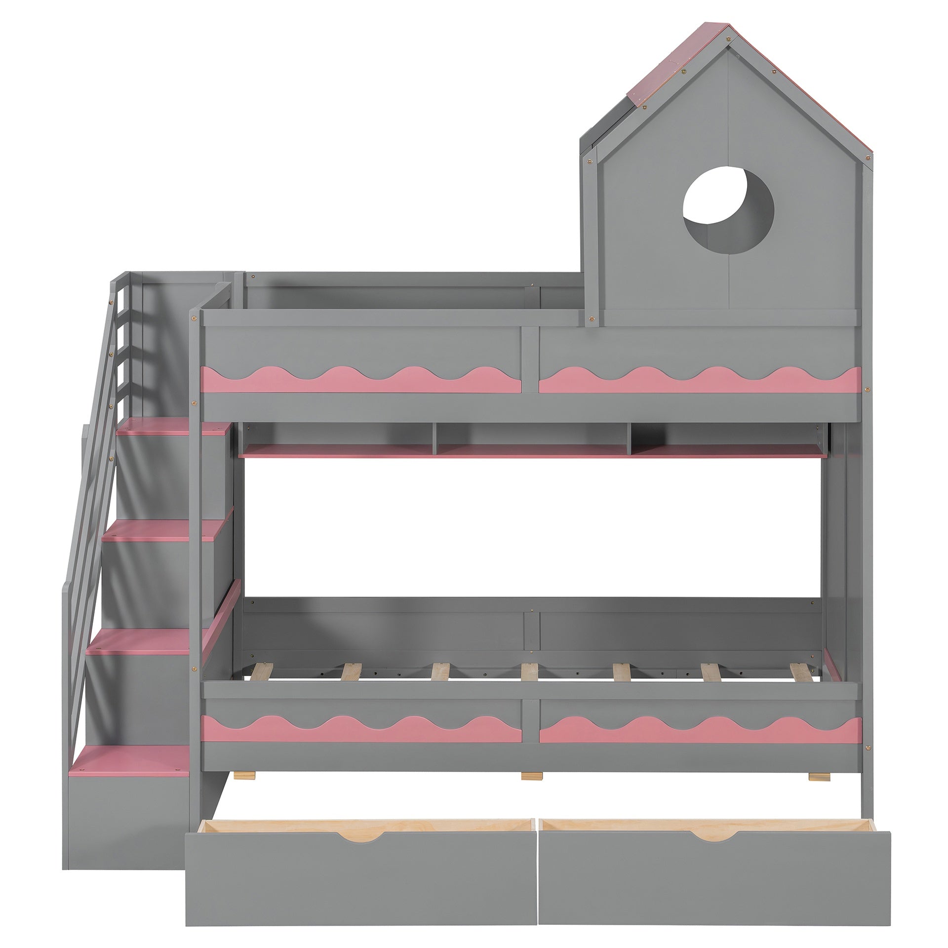 Twin Over Twin with  House and Drawer,Staircase, LED,Gray
