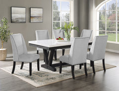 7pc Dining Set Contemporary Style White Faux Marble Rectangular Table Top Dove Gray Upholstery Chairs Nailhead Tufted Black Finish Wooden Solid Wood Dining Room Furniture