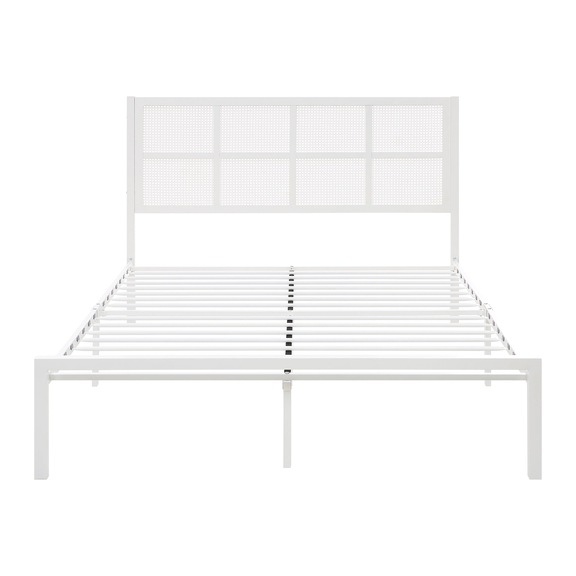 1pc Queen Platform Bed, Metal Frame White Finish Faux Cane Panel Headboard Casual Coastal Bedroom Furniture, Bed in a Box