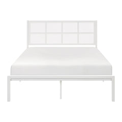 1pc Queen Platform Bed, Metal Frame White Finish Faux Cane Panel Headboard Casual Coastal Bedroom Furniture, Bed in a Box