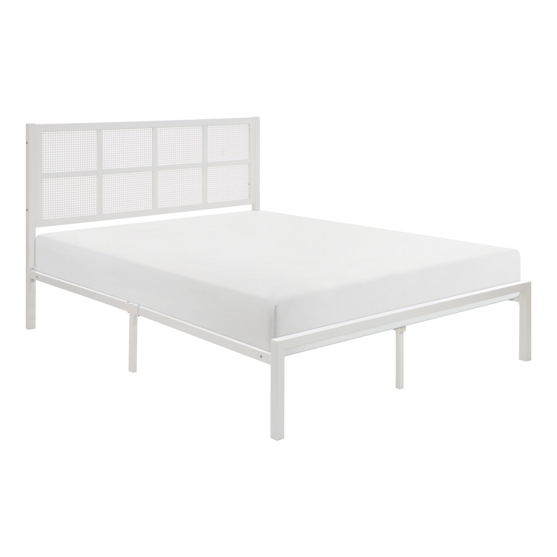 1pc Queen Platform Bed, Metal Frame White Finish Faux Cane Panel Headboard Casual Coastal Bedroom Furniture, Bed in a Box