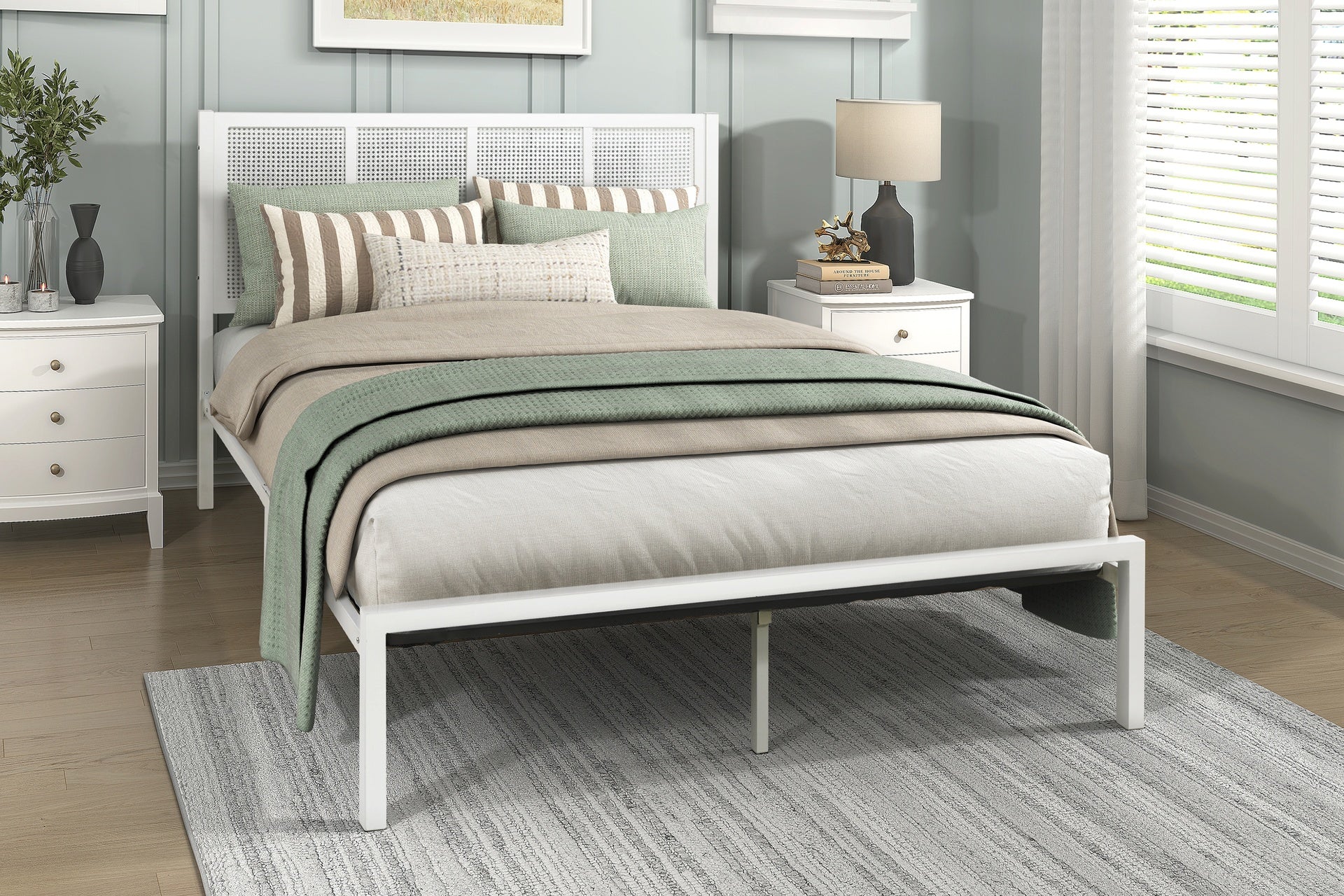 1pc Queen Platform Bed, Metal Frame White Finish Faux Cane Panel Headboard Casual Coastal Bedroom Furniture, Bed in a Box