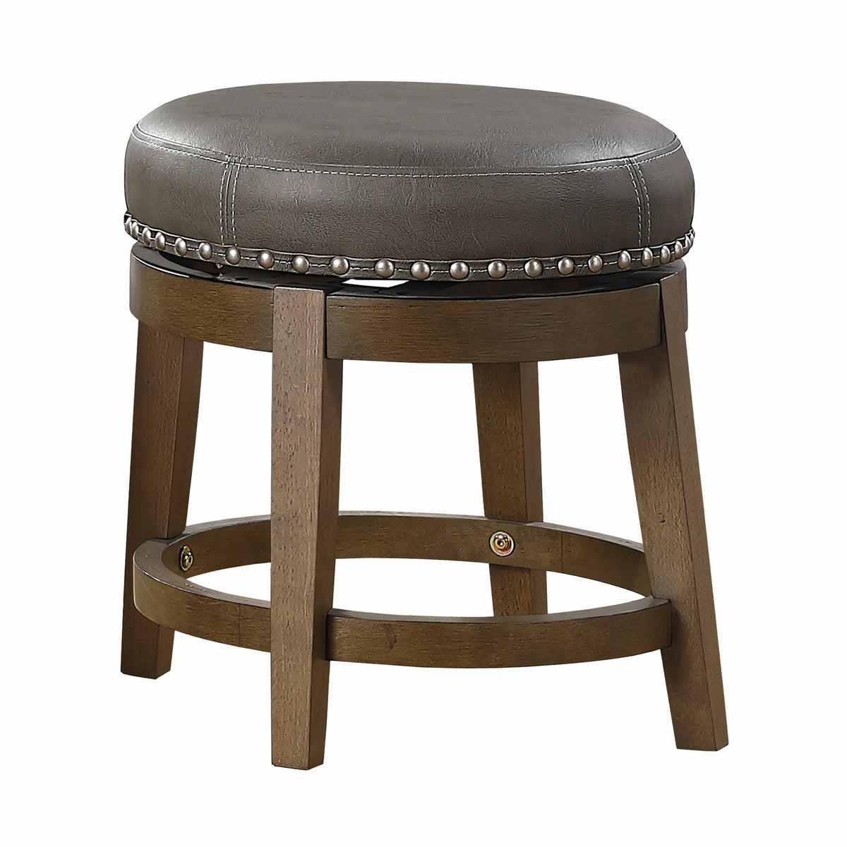 Round Swivel Stools Set of 2, Gray Faux Leather 360-degree Swivel Seat Nailhead Trim Solid Wood Frame Brown Finish Furniture