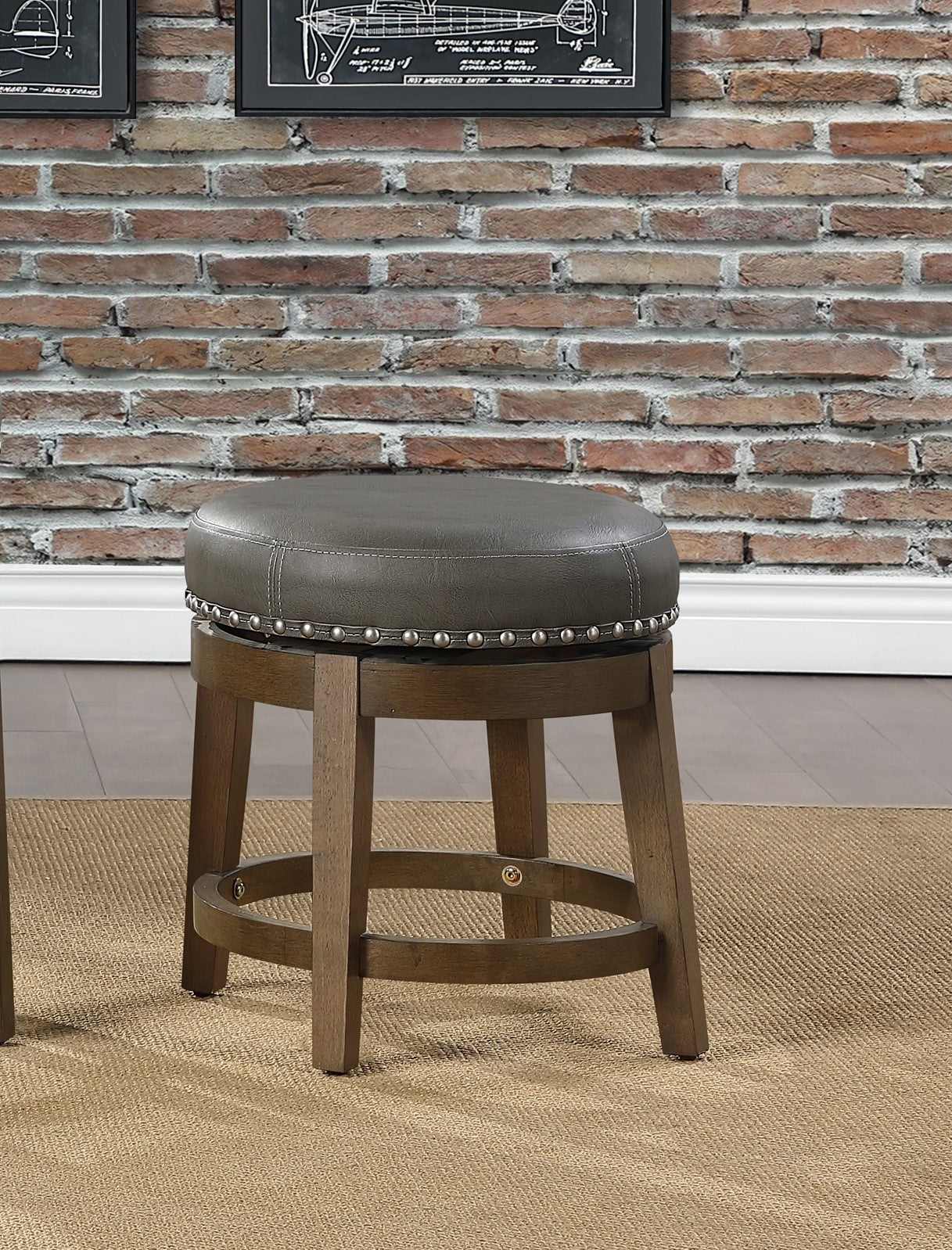 Round Swivel Stools Set of 2, Gray Faux Leather 360-degree Swivel Seat Nailhead Trim Solid Wood Frame Brown Finish Furniture