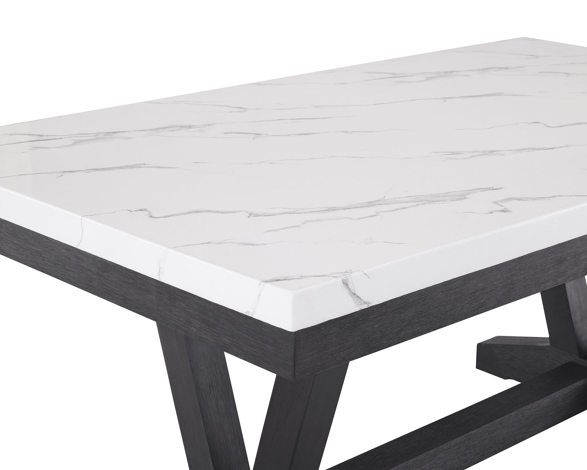 1pc Transitional Modern Formal Dining Table White Faux Marble Rectangular Table Top Trestle Base Black Finish Legs Wooden Dining Room Furniture