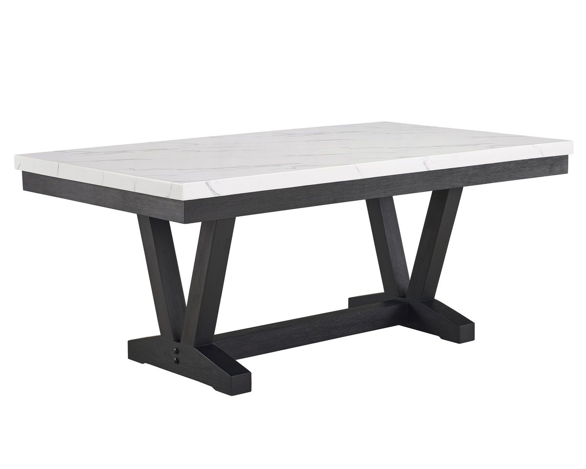 1pc Transitional Modern Formal Dining Table White Faux Marble Rectangular Table Top Trestle Base Black Finish Legs Wooden Dining Room Furniture