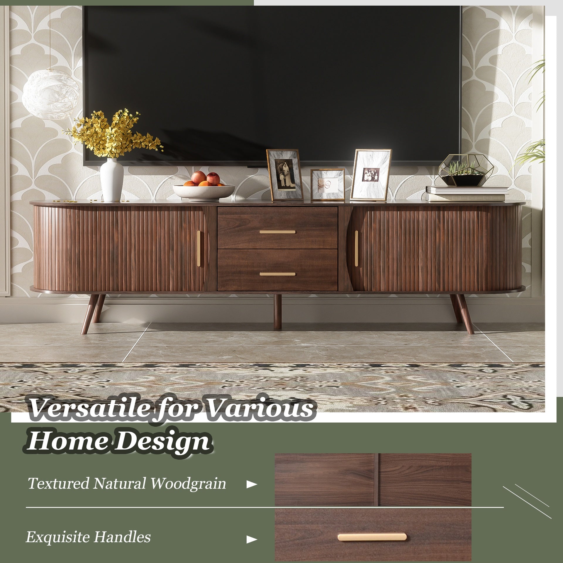 Mid-Century Modern TV Stand for 80" TV, Entertainment Center with Storage for Living Room, Bedroom, Media Console Table with 2 Drawers