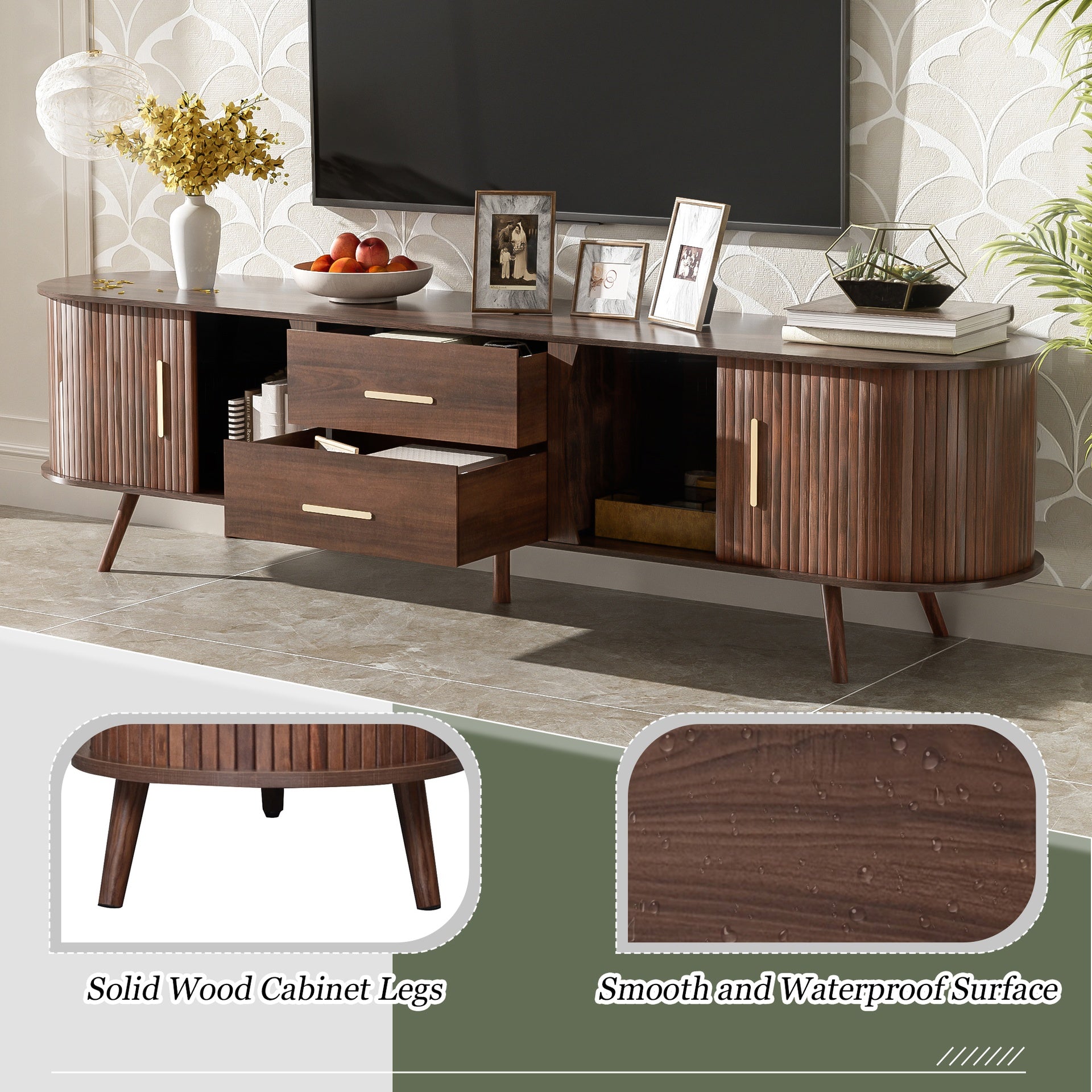Mid-Century Modern TV Stand for 80" TV, Entertainment Center with Storage for Living Room, Bedroom, Media Console Table with 2 Drawers