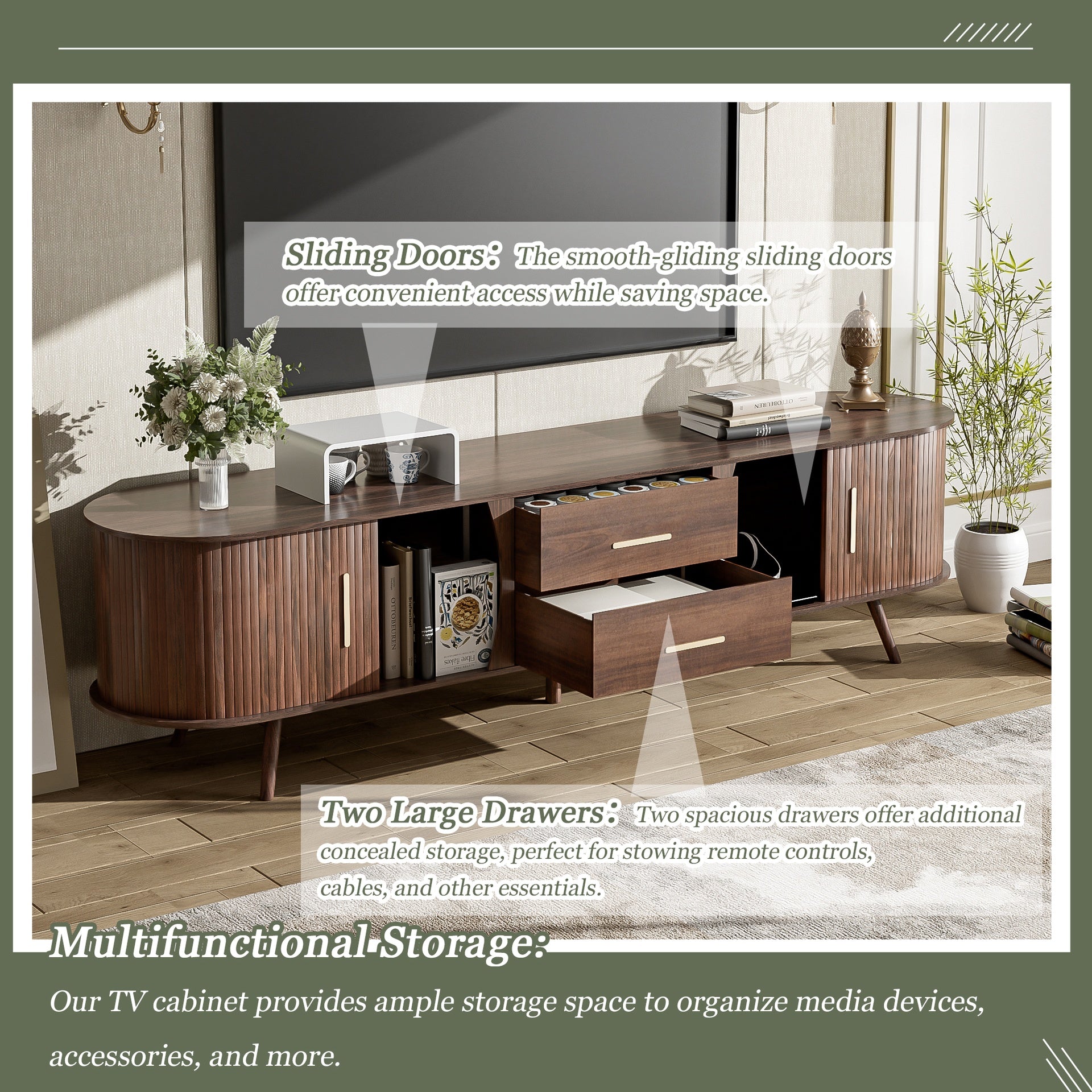 Mid-Century Modern TV Stand for 80" TV, Entertainment Center with Storage for Living Room, Bedroom, Media Console Table with 2 Drawers