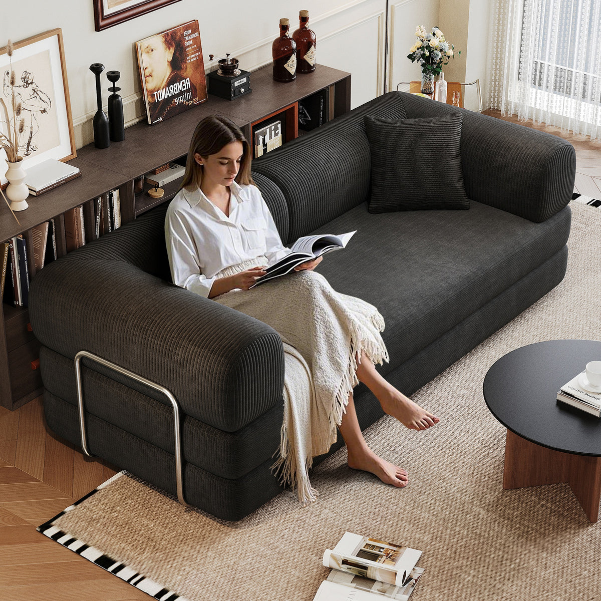 78.8" Compression Sofa,Convertible Floor Sofa Bed-with Pillow Back Support Armrest,Comfy Futon Couch Sleeper Bed,Loveseats Boneless Modular Sectional Sofa,Corduroy fabric,for Living Room,Bedroom,Black
