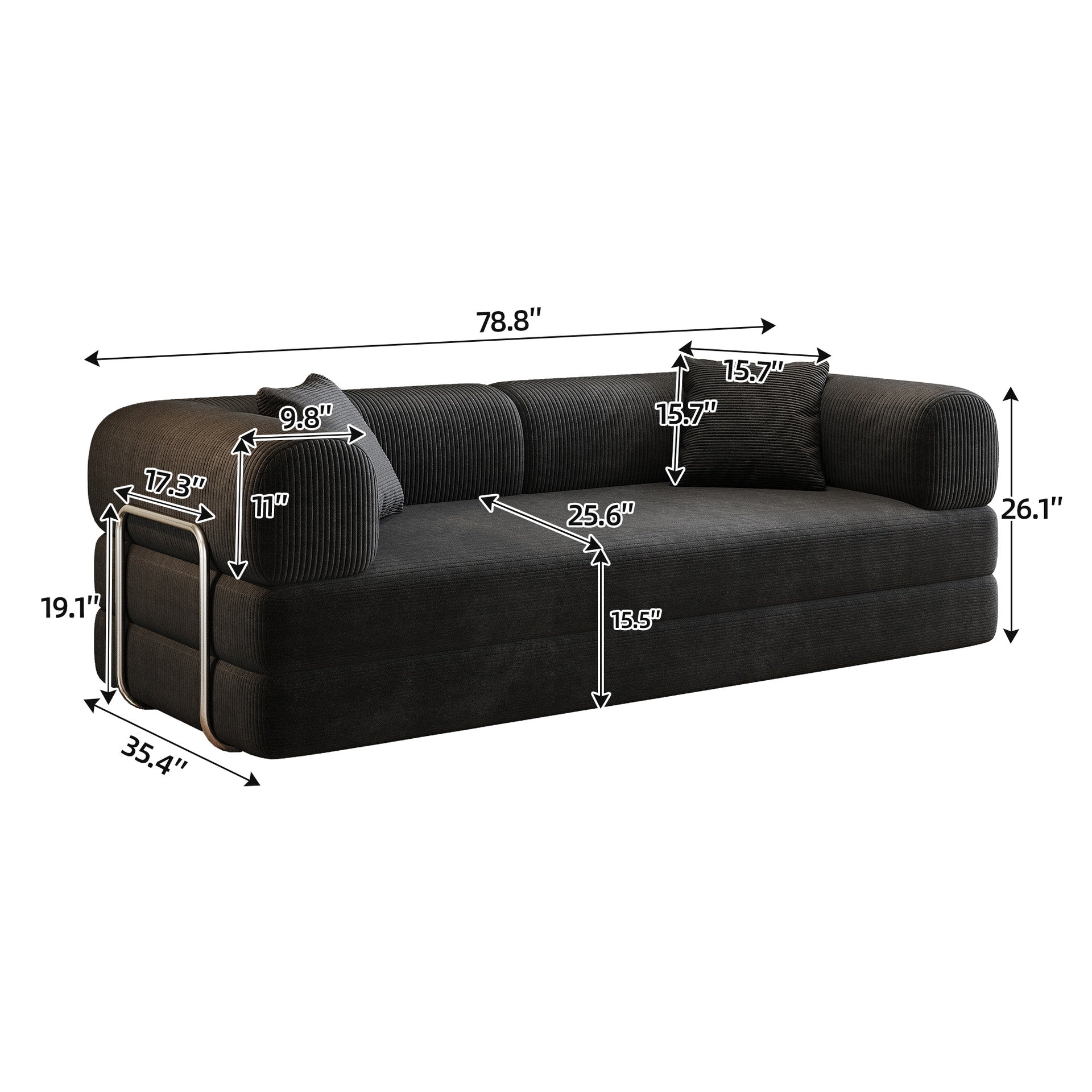 78.8" Compression Sofa,Convertible Floor Sofa Bed-with Pillow Back Support Armrest,Comfy Futon Couch Sleeper Bed,Loveseats Boneless Modular Sectional Sofa,Corduroy fabric,for Living Room,Bedroom,Black