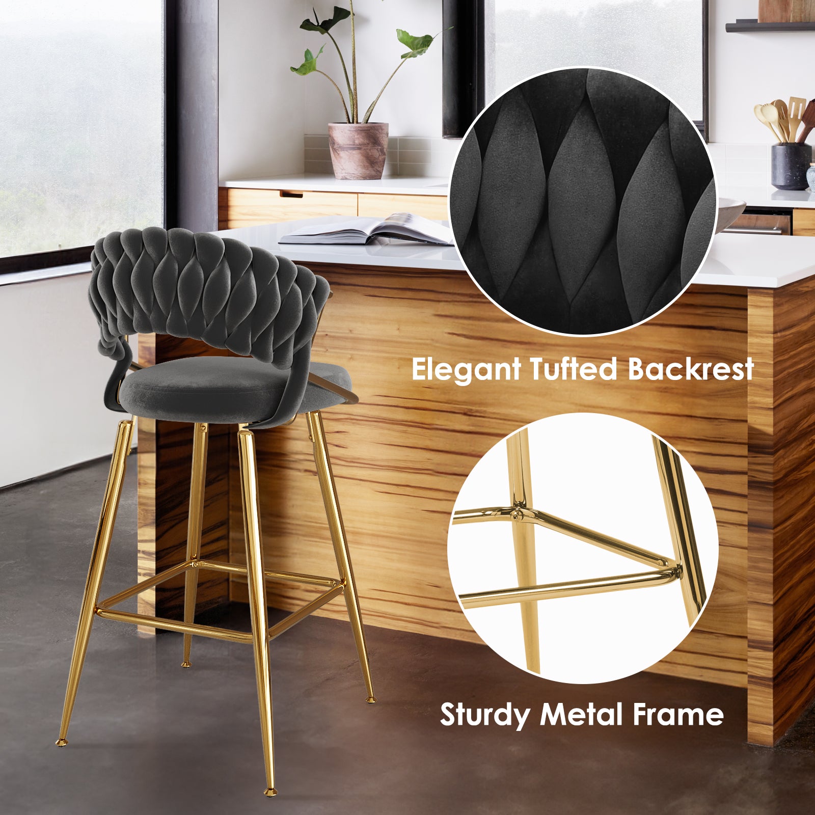 25.2" Modern Velvet Counter Stool with Gold Accents, Ergonomic Design & Plush Seat for Kitchen Island & Bar