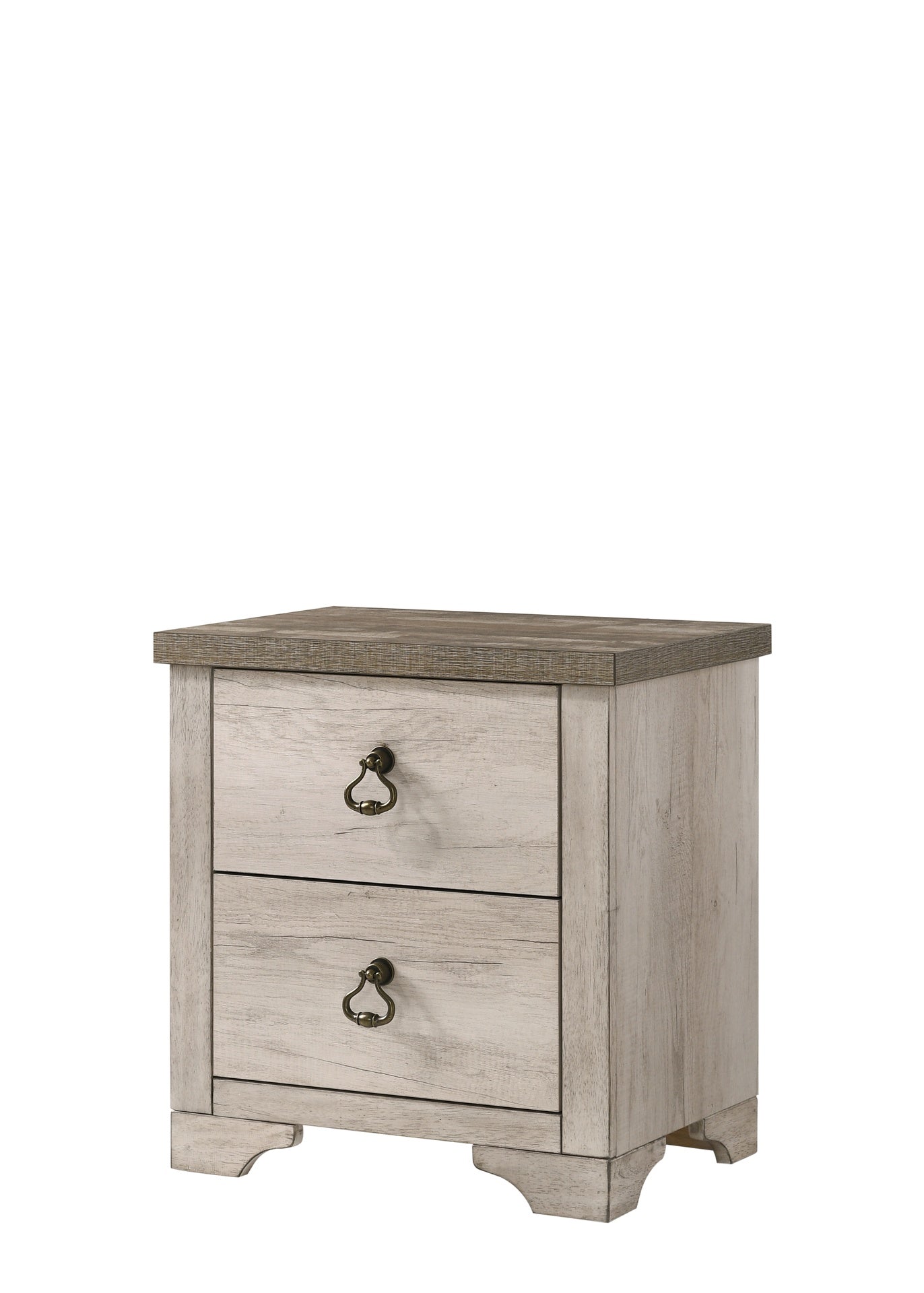1pc Cottage Style Distressed 2 Drawer Nightstand Driftwood Finish Contrasting Weathered Brown Top Traditional Ring Pull Hardware Wooden