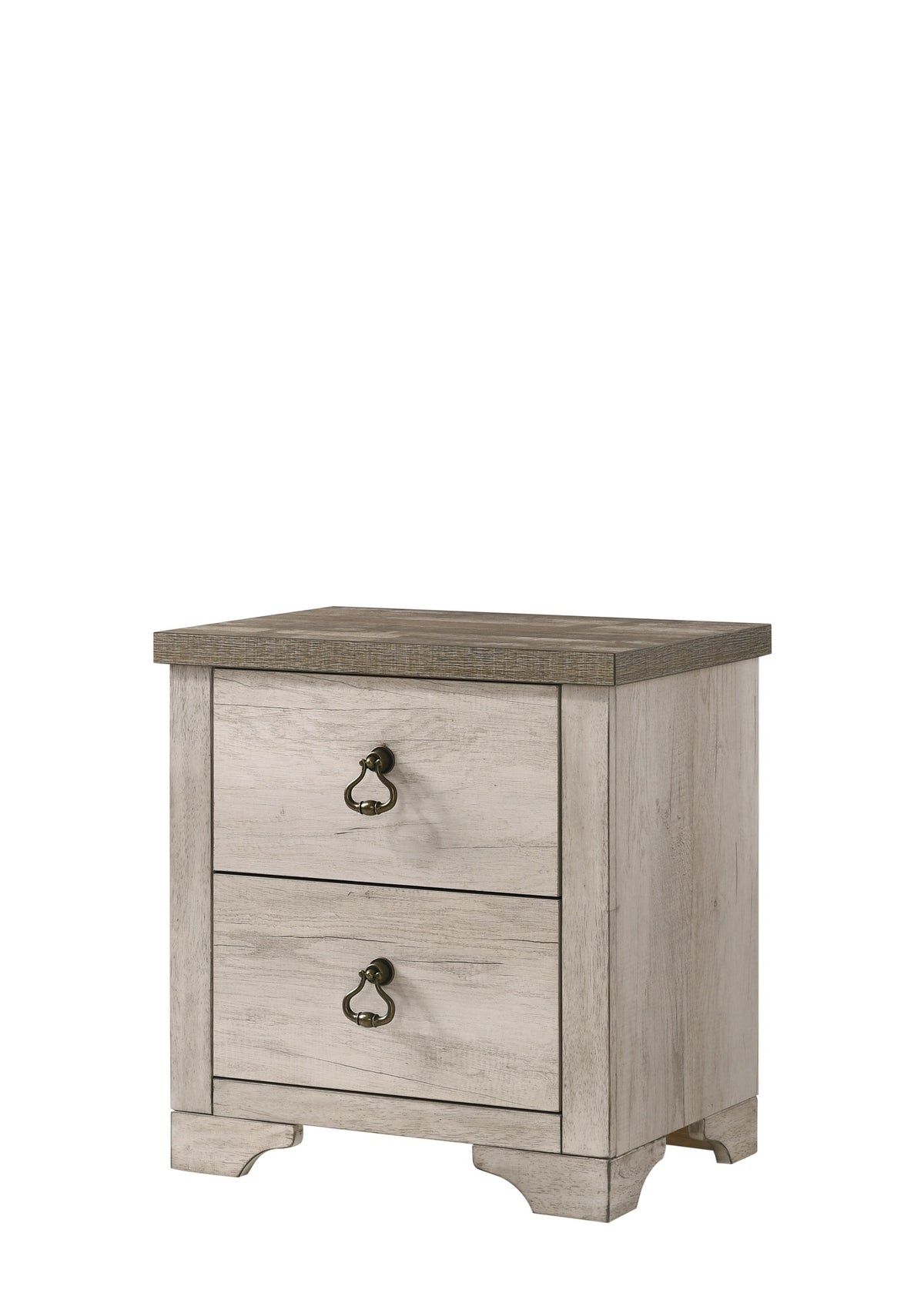 1pc Cottage Style Distressed 2 Drawer Nightstand Driftwood Finish Contrasting Weathered Brown Top Traditional Ring Pull Hardware Wooden