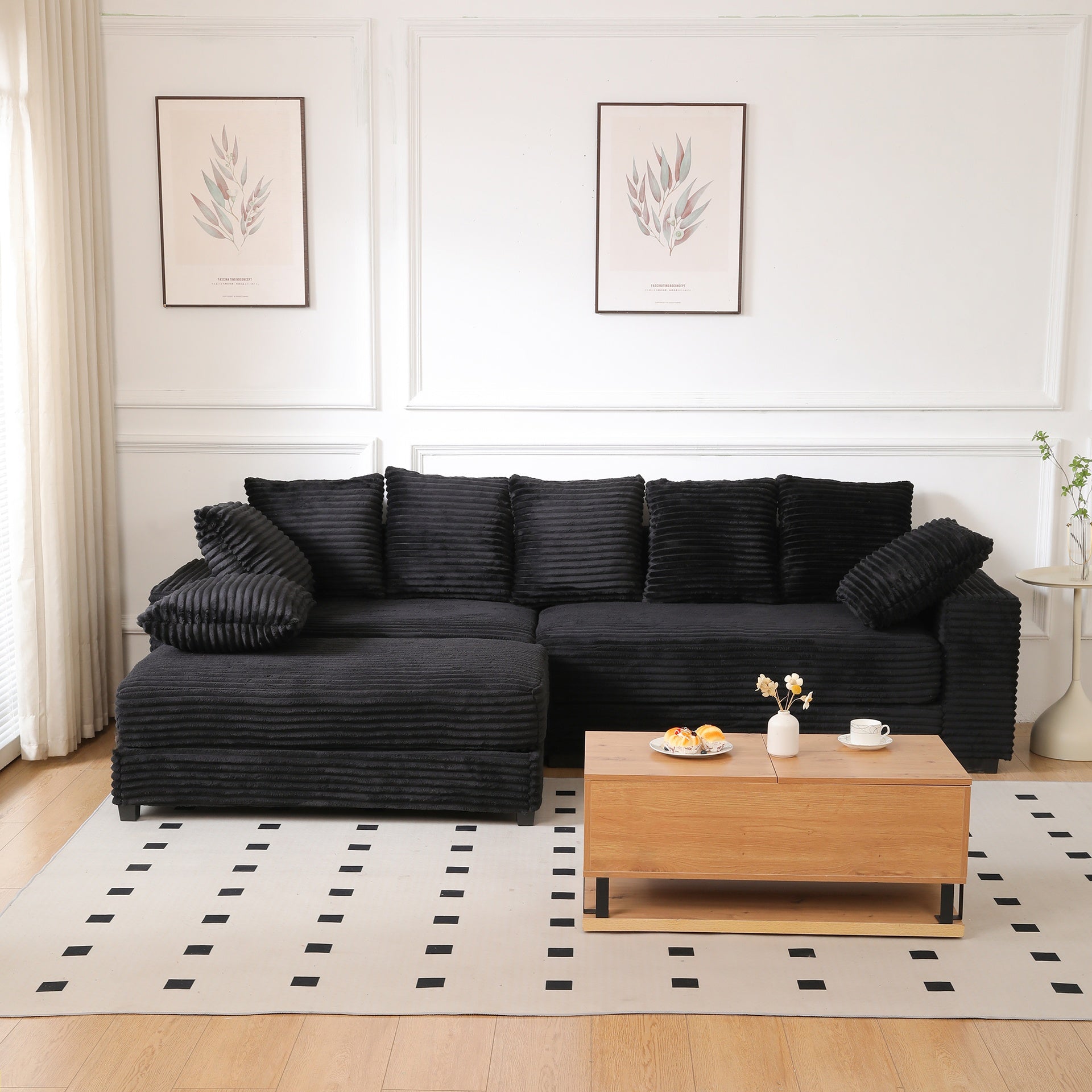 108.6" Sectional Sofa, Thickened Corduroy Sectional Couches For Living Room,comfortable L-shaped Chaise Sectional Sofa With Storage Ottoman,Eight Throw Pillows,Black