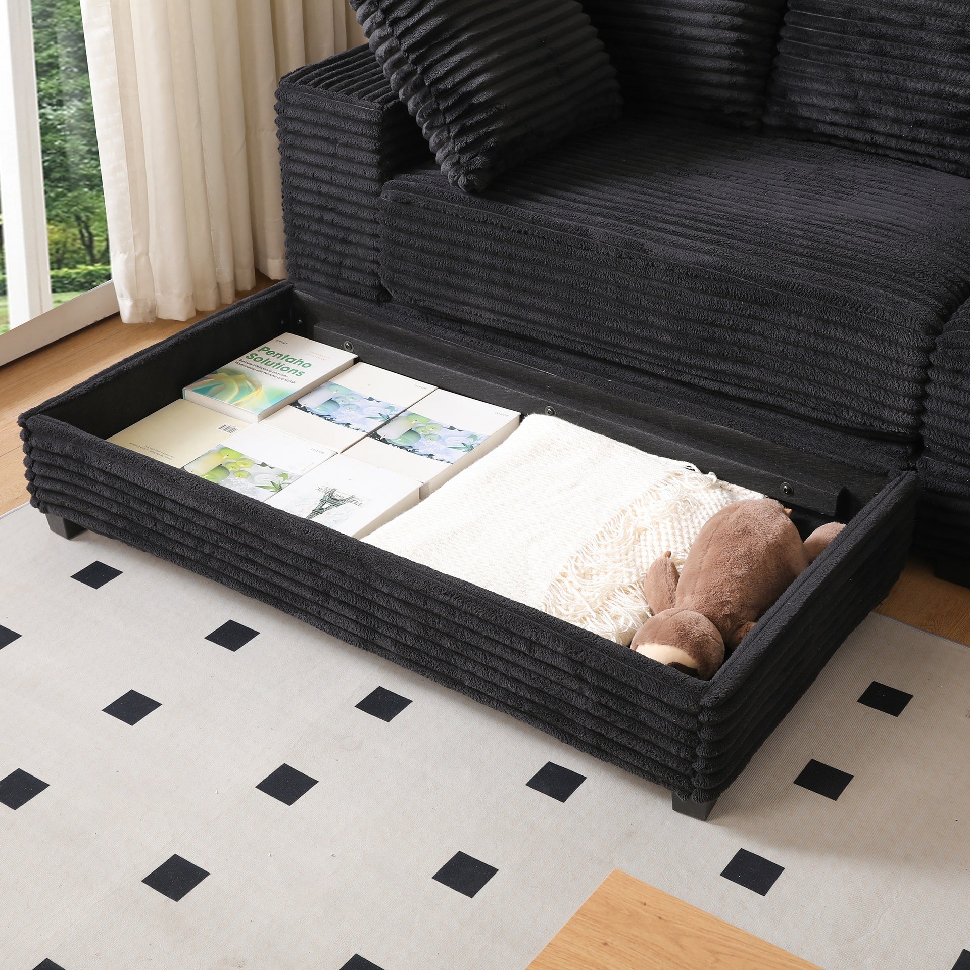 108.6" Sectional Sofa, Thickened Corduroy Sectional Couches For Living Room,comfortable L-shaped Chaise Sectional Sofa With Storage Ottoman,Eight Throw Pillows,Black
