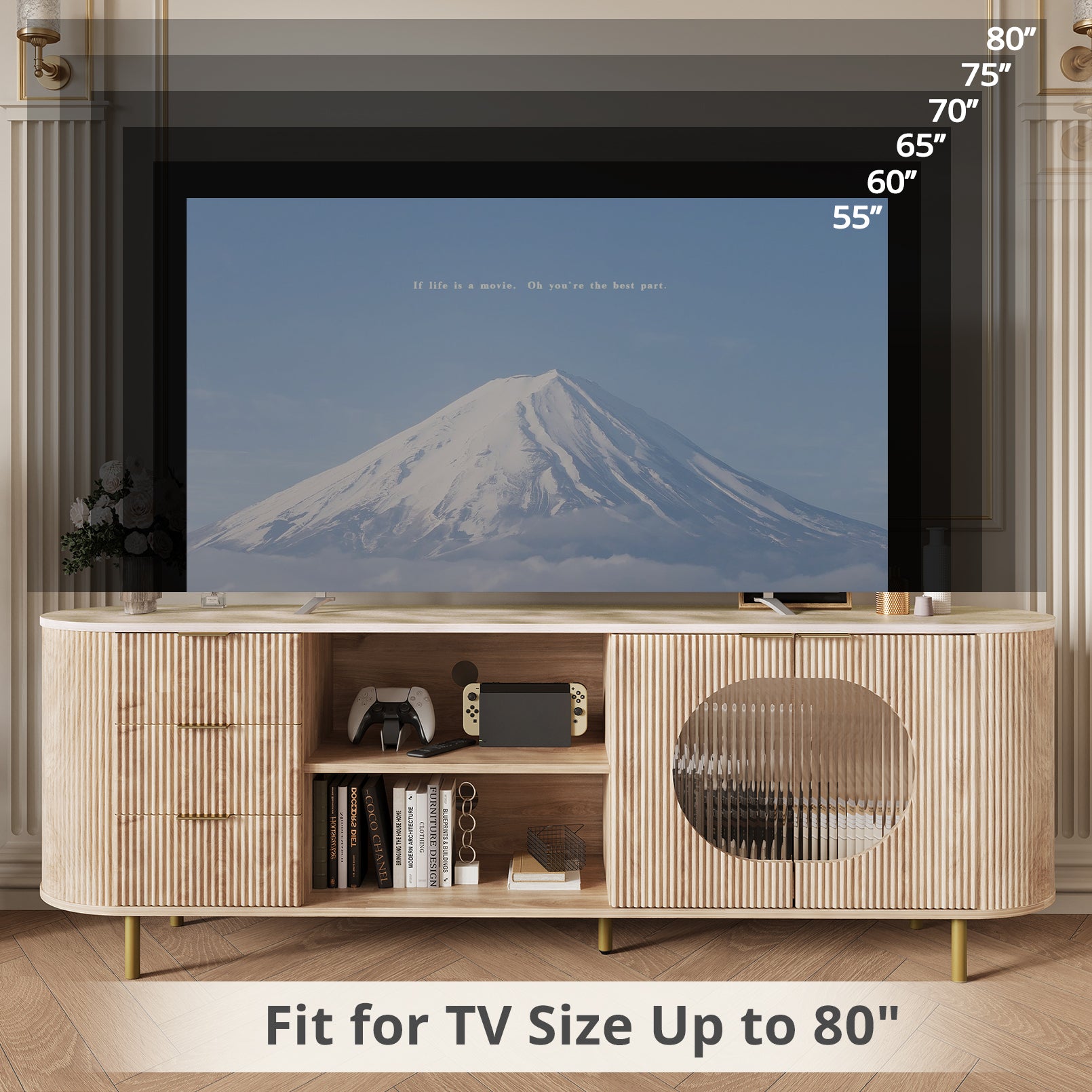 65 Inch Modern TV Stand, Fluted Media Console with Faux Marble Top, Gold Accents, Natural Oak